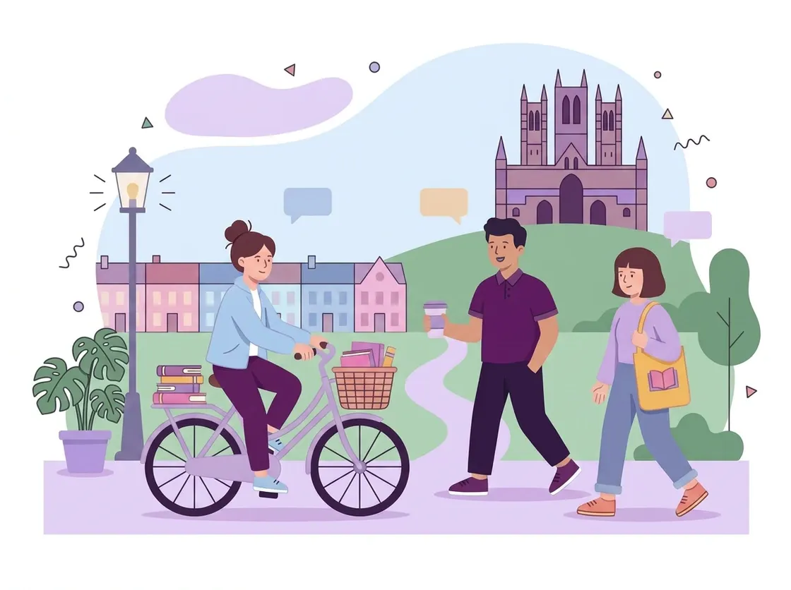 Illustration of three students walking and cycling to campus past terraced houses, with Lincoln Cathedral on the hill behind